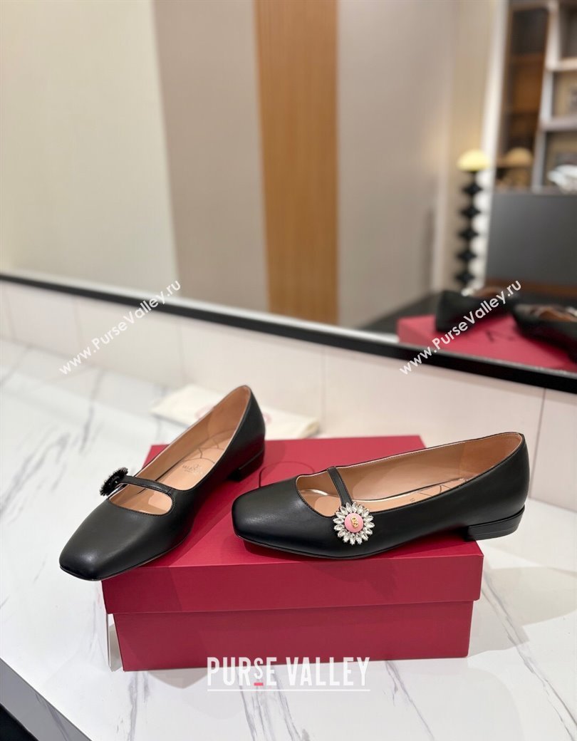 Valentino Preshoes Mary-Jane Ballerinas Flat with Jeweled Button in Nappa Leather Black 2025 (MD-250821011)