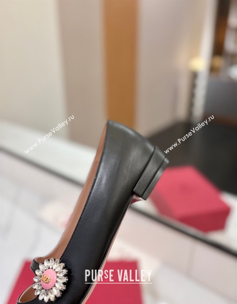 Valentino Preshoes Mary-Jane Ballerinas Flat with Jeweled Button in Nappa Leather Black 2025 (MD-250821011)