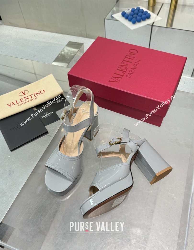 Valentino Fawcette Platform Sandals 10cm in Polished Calfskin Grey 2025 (XL-250902041)