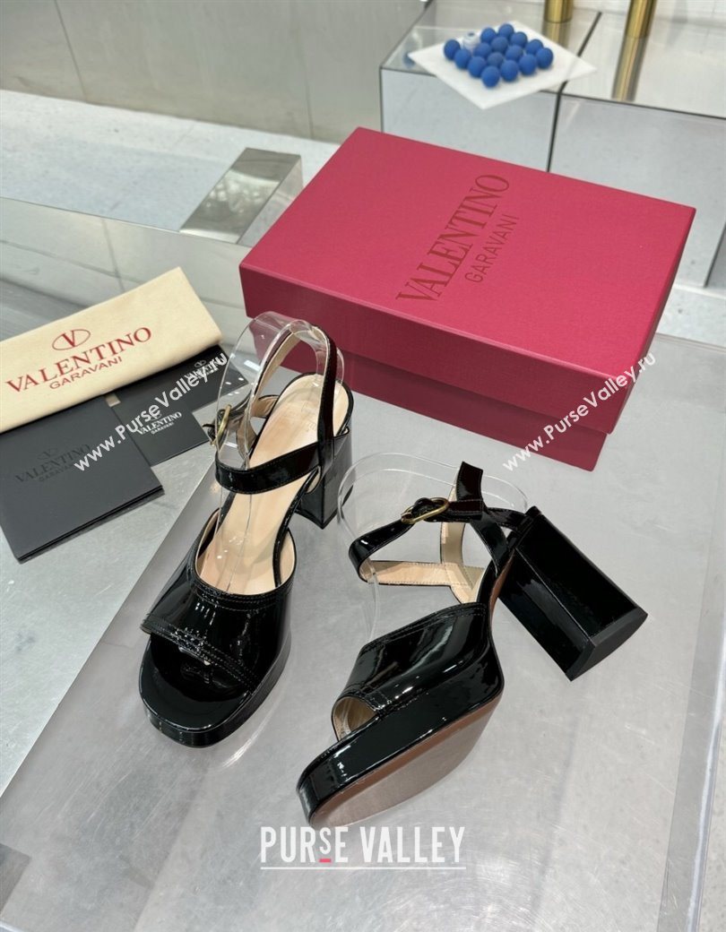 Valentino Fawcette Platform Sandals 10cm in Polished Calfskin Black 2025 (XL-250902042)