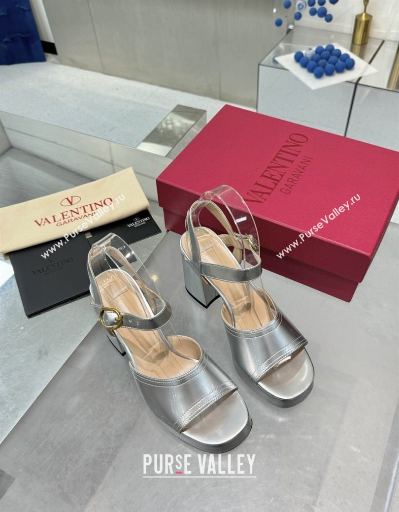 Valentino Fawcette Platform Sandals 10cm in Polished Calfskin Silver 2025 (XL-250902045)