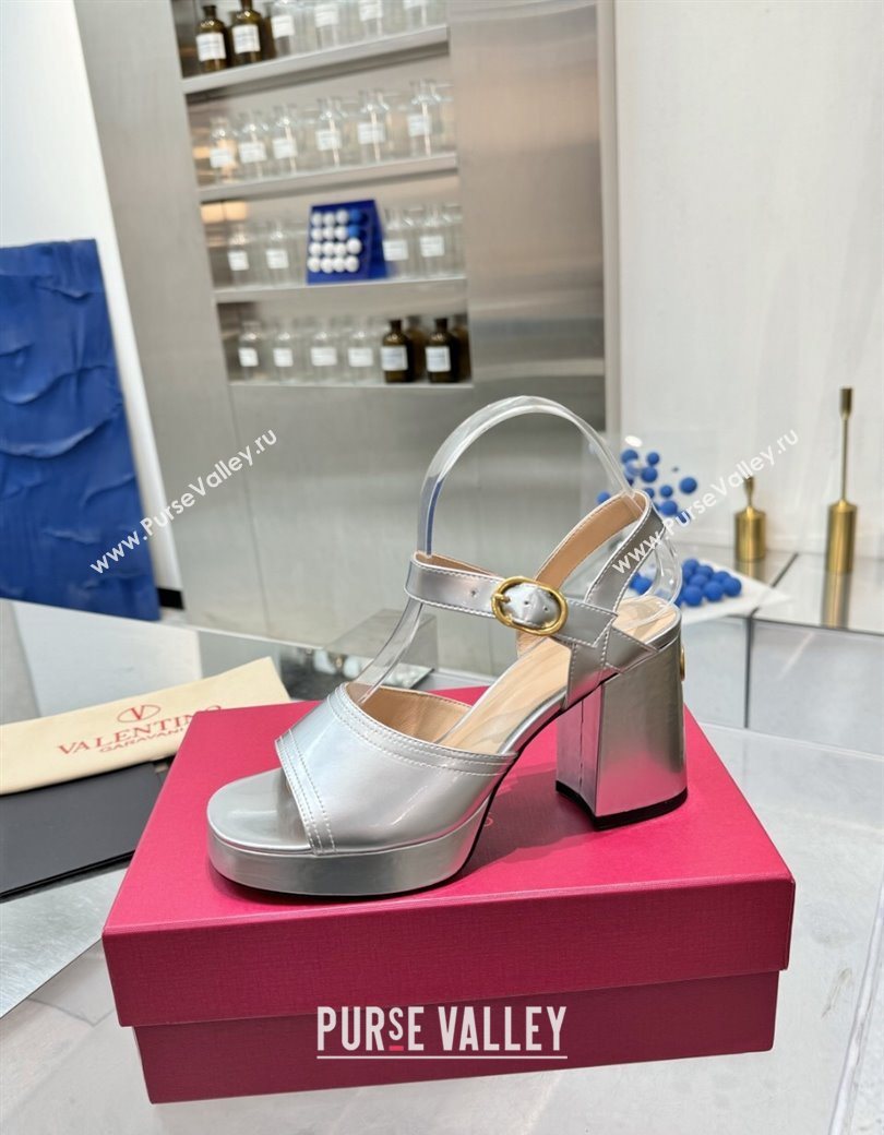 Valentino Fawcette Platform Sandals 10cm in Polished Calfskin Silver 2025 (XL-250902045)