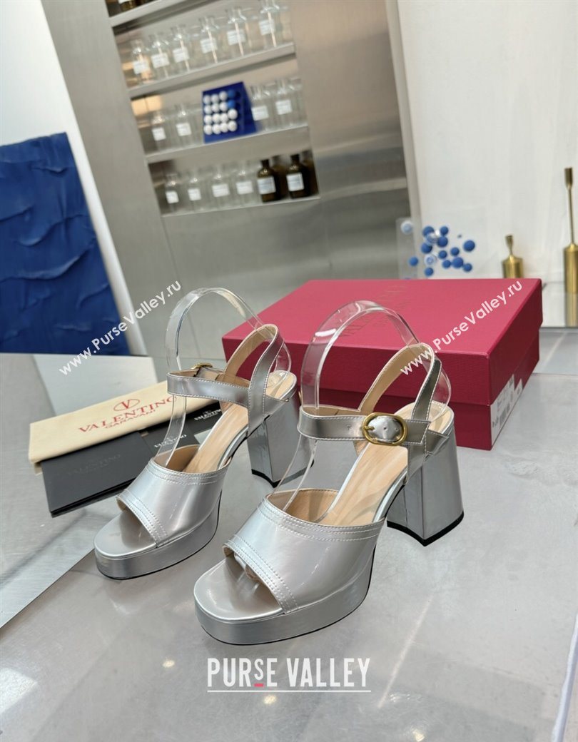 Valentino Fawcette Platform Sandals 10cm in Polished Calfskin Silver 2025 (XL-250902045)