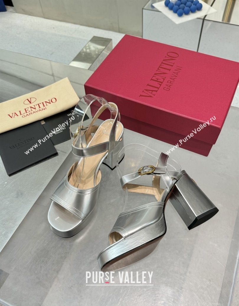 Valentino Fawcette Platform Sandals 10cm in Polished Calfskin Silver 2025 (XL-250902045)