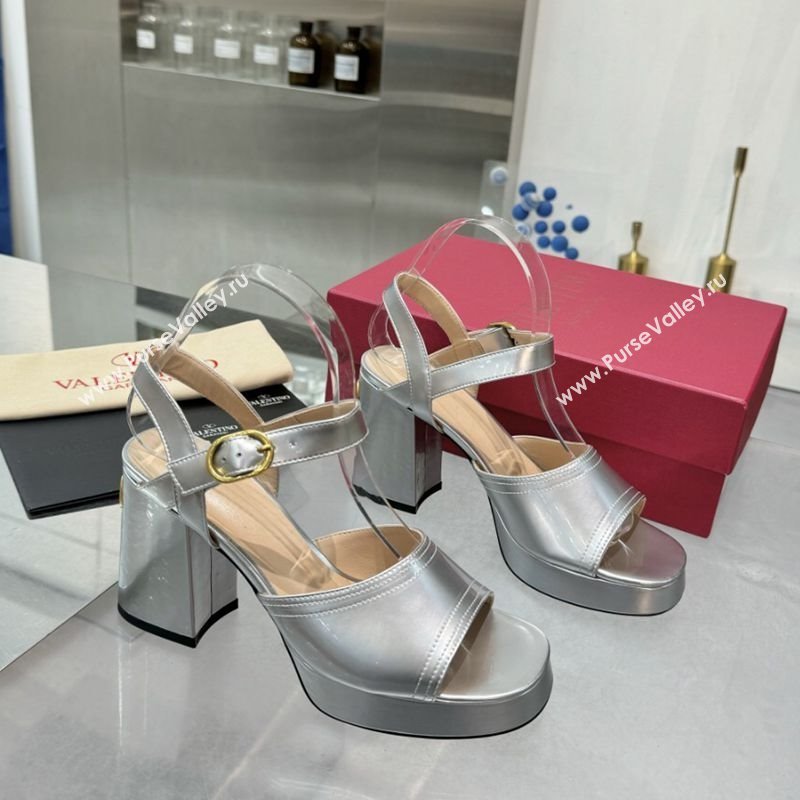 Valentino Fawcette Platform Sandals 10cm in Polished Calfskin Silver 2025 (XL-250902045)