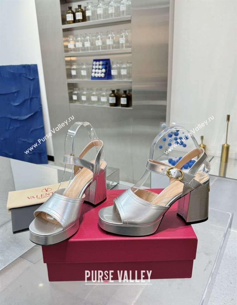 Valentino Fawcette Platform Sandals 10cm in Polished Calfskin Silver 2025 (XL-250902045)