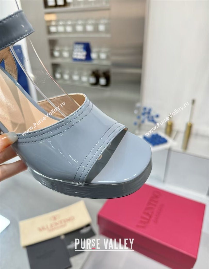 Valentino Fawcette Platform Sandals 10cm in Polished Calfskin Light Blue 2025 (XL-250902046)
