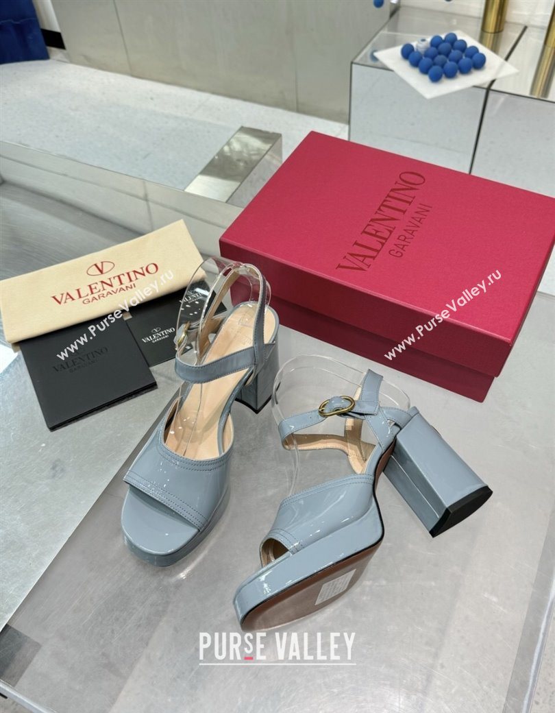 Valentino Fawcette Platform Sandals 10cm in Polished Calfskin Light Blue 2025 (XL-250902046)