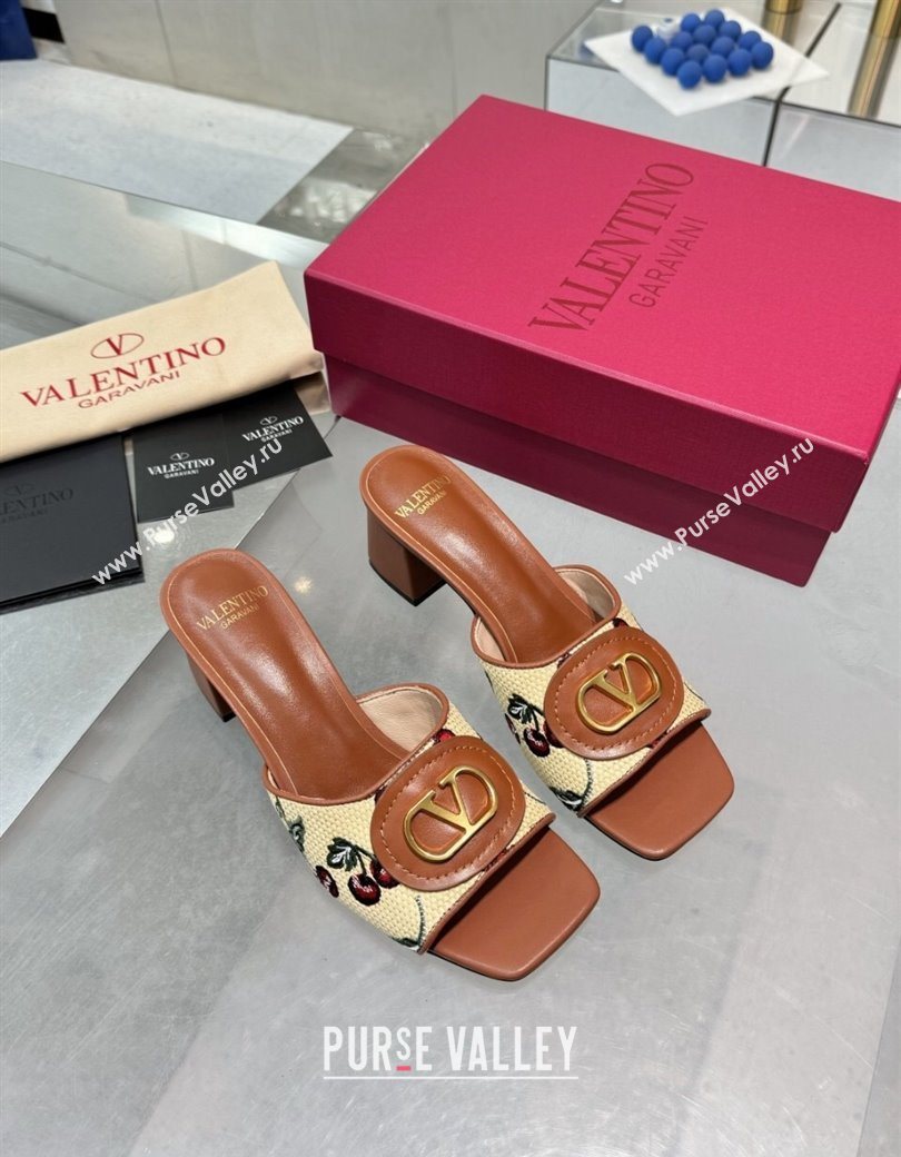 Valentino Vlogo Signature Cherryfic Heel Slides Sandal 6cm in Jacquard Synthetic Raffia Brown 2025 (XL-250902051)