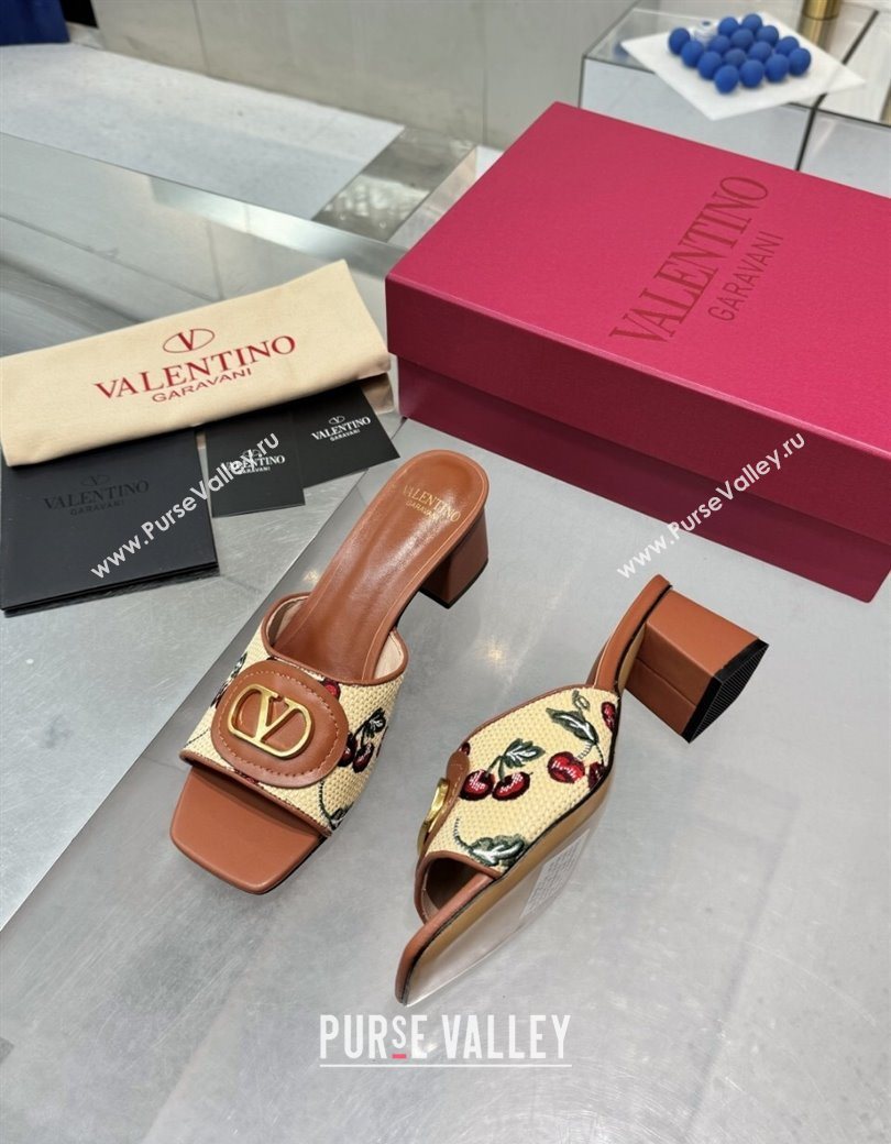 Valentino Vlogo Signature Cherryfic Heel Slides Sandal 6cm in Jacquard Synthetic Raffia Brown 2025 (XL-250902051)