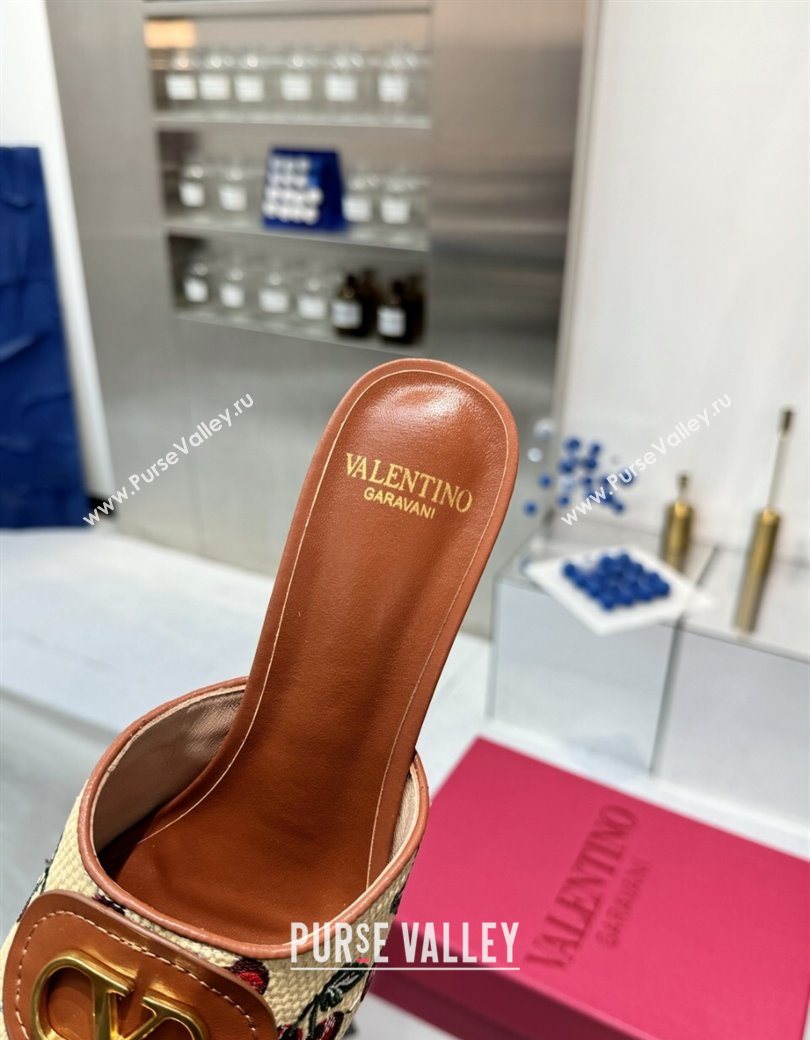 Valentino Vlogo Signature Cherryfic Heel Slides Sandal 6cm in Jacquard Synthetic Raffia Brown 2025 (XL-250902051)