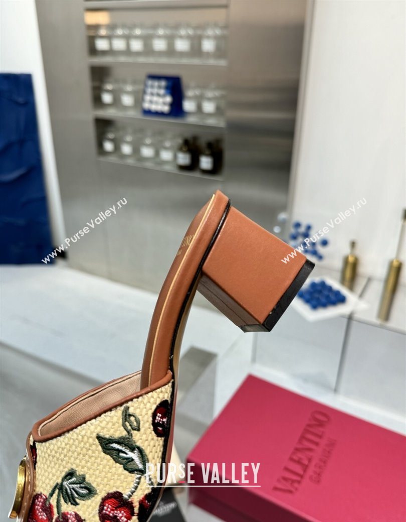 Valentino Vlogo Signature Cherryfic Heel Slides Sandal 6cm in Jacquard Synthetic Raffia Brown 2025 (XL-250902051)