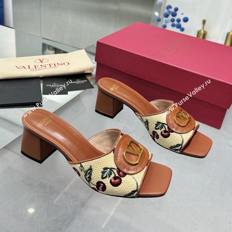 Valentino Vlogo Signature Cherryfic Heel Slides Sandal 6cm in Jacquard Synthetic Raffia Brown 2025 (XL-250902051)
