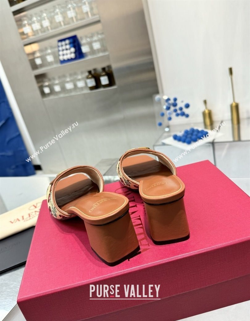 Valentino Vlogo Signature Cherryfic Heel Slides Sandal 6cm in Jacquard Synthetic Raffia Brown 2025 (XL-250902051)