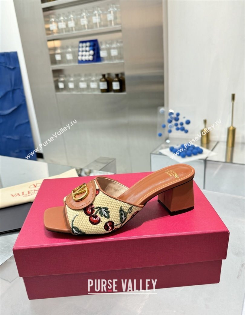 Valentino Vlogo Signature Cherryfic Heel Slides Sandal 6cm in Jacquard Synthetic Raffia Brown 2025 (XL-250902051)