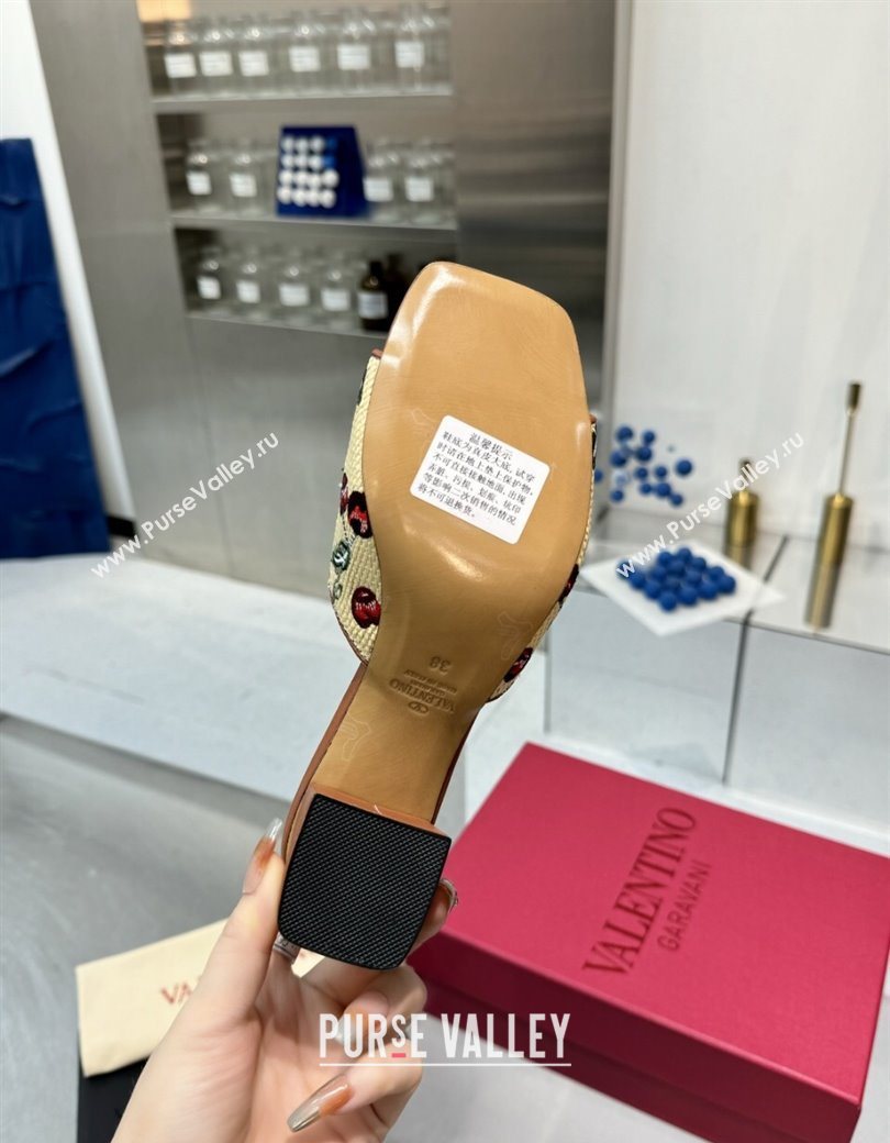 Valentino Vlogo Signature Cherryfic Heel Slides Sandal 6cm in Jacquard Synthetic Raffia Brown 2025 (XL-250902051)