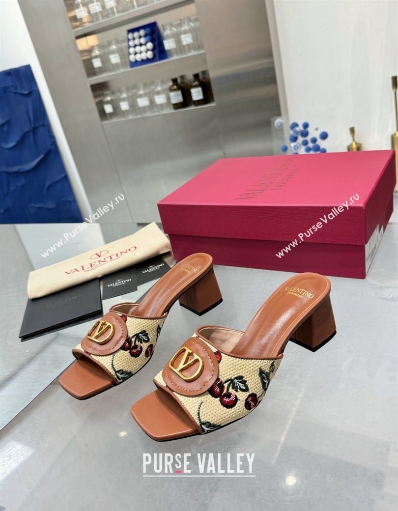 Valentino Vlogo Signature Cherryfic Heel Slides Sandal 6cm in Jacquard Synthetic Raffia Brown 2025 (XL-250902051)