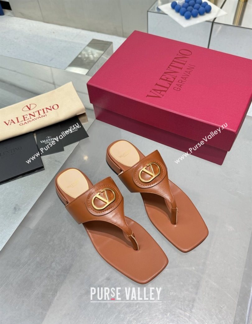 Valentino Vlogo Signature Flat Thong Slides Sandal in Calfskin Brown 2025 0902 (XL-250902060)