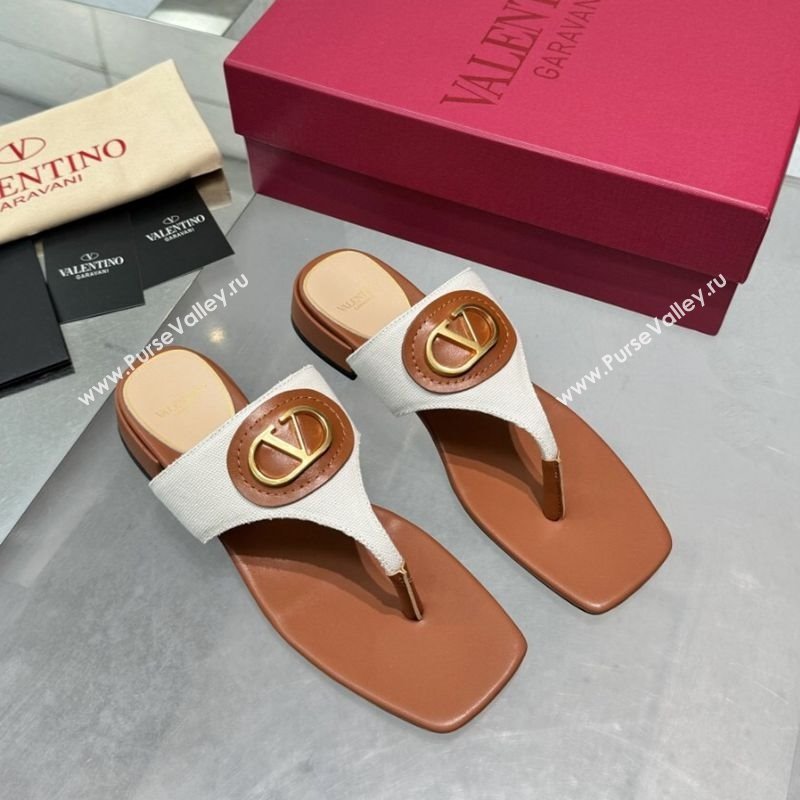 Valentino Vlogo Signature Flat Thong Slides Sandal in Canvas and Leather Brown 2025 0902 (XL-250902062)