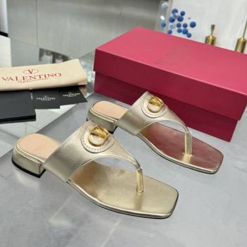 Valentino Vlogo Signature Flat Thong Slides Sandal in Calfskin Gold 2025 0902 (XL-250902064)