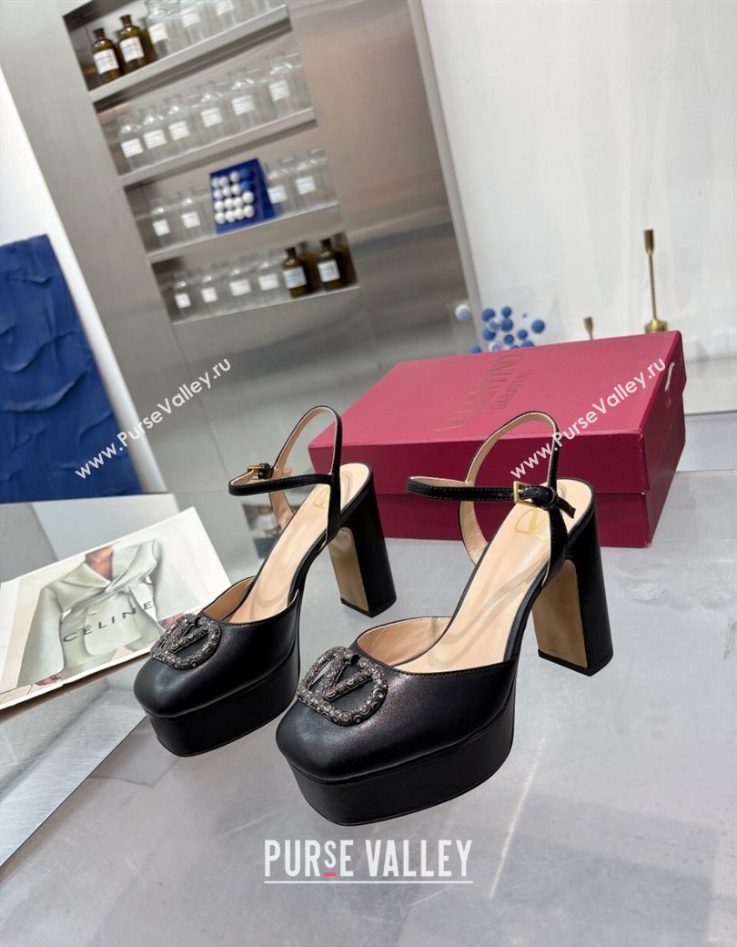Valentino Vlogo Signature Platform Pumps 11cm with Strass in Laminated Nappa Leather Black 2025 0902 (XL-250902068)