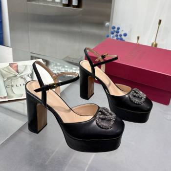 Valentino Vlogo Signature Platform Pumps 11cm with Strass in Laminated Nappa Leather Black 2025 0902 (XL-250902068)