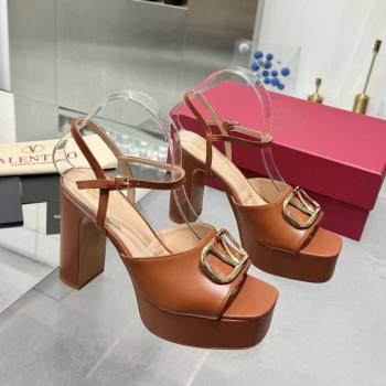 Valentino Gold-Tone Vlogo Signature Platform Sandals 11cm in Calfskin Leather Brown 2025 0902 (XL-250902081)