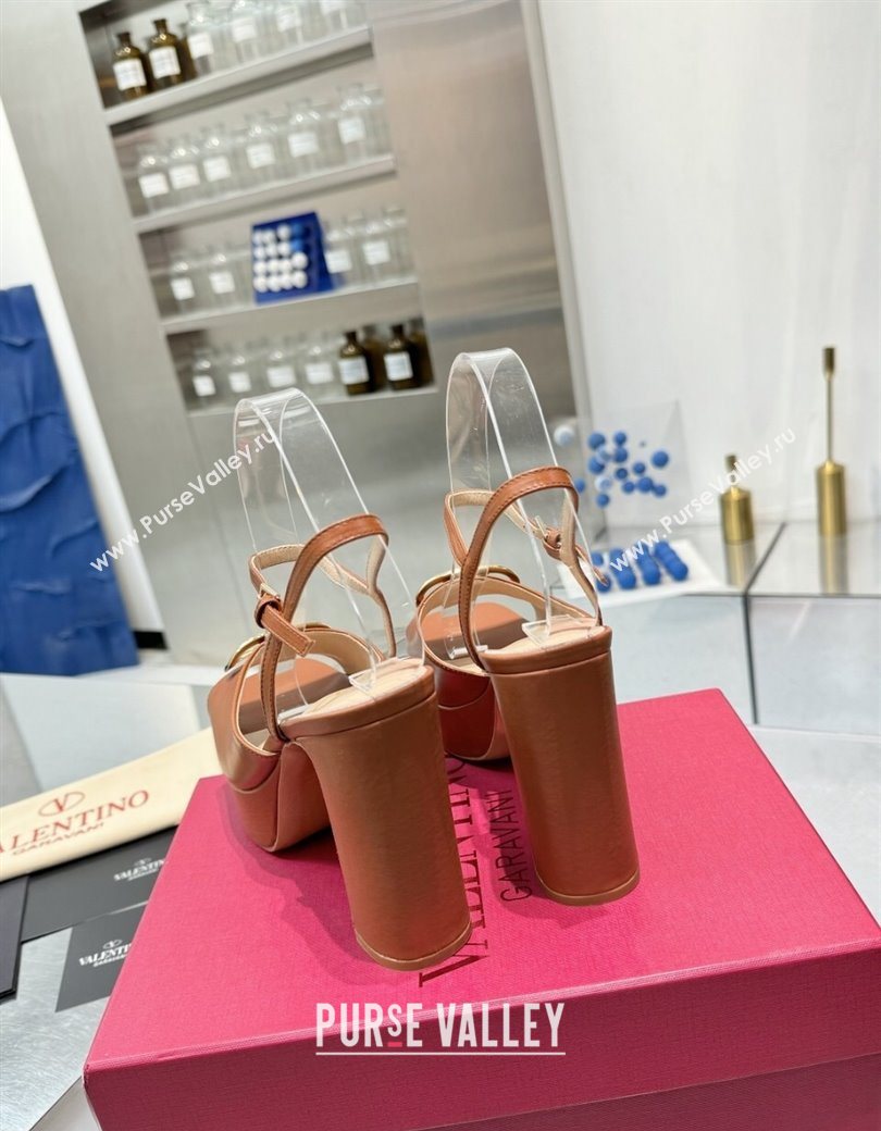 Valentino Gold-Tone Vlogo Signature Platform Sandals 11cm in Calfskin Leather Brown 2025 0902 (XL-250902081)