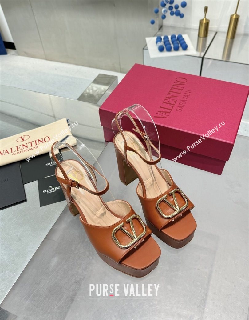 Valentino Gold-Tone Vlogo Signature Platform Sandals 11cm in Calfskin Leather Brown 2025 0902 (XL-250902081)