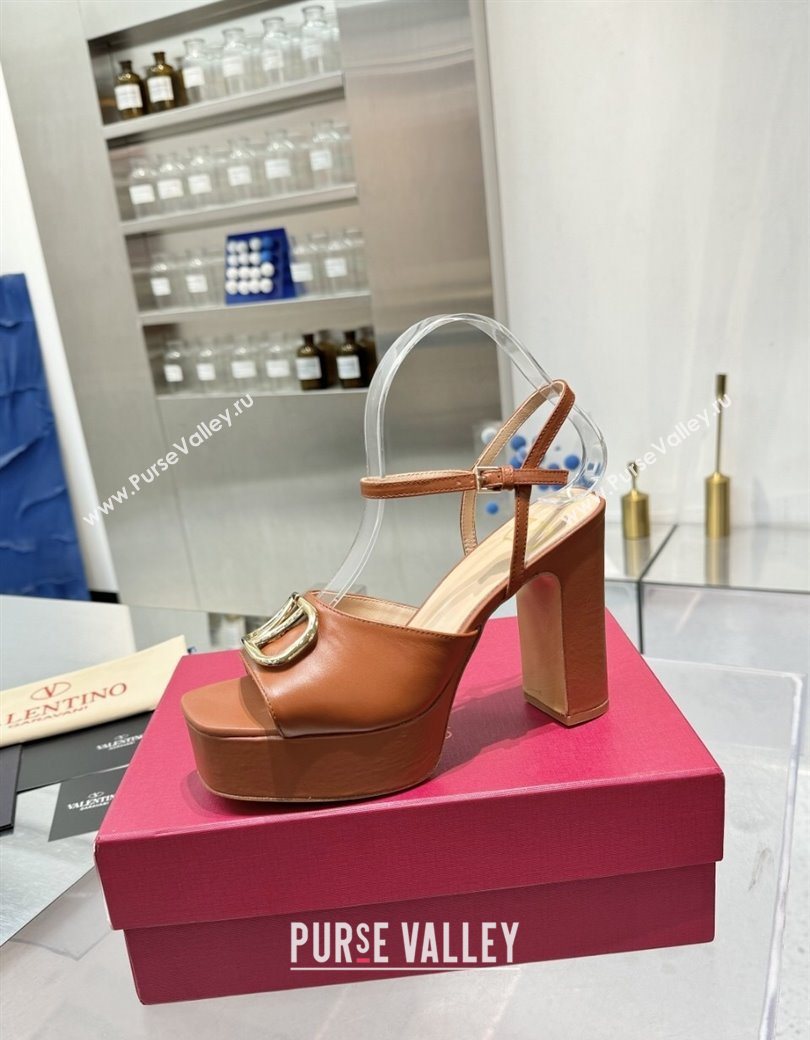 Valentino Gold-Tone Vlogo Signature Platform Sandals 11cm in Calfskin Leather Brown 2025 0902 (XL-250902081)