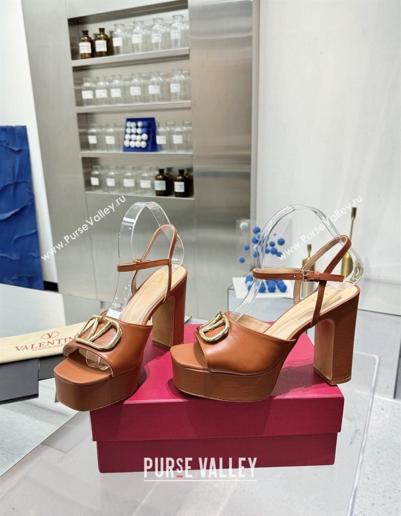 Valentino Gold-Tone Vlogo Signature Platform Sandals 11cm in Calfskin Leather Brown 2025 0902 (XL-250902081)