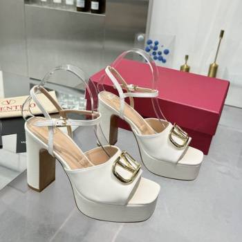 Valentino Gold-Tone Vlogo Signature Platform Sandals 11cm in Calfskin Leather White 2025 0902 (XL-250902083)