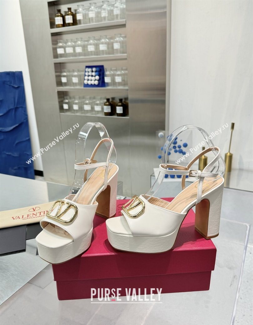 Valentino Gold-Tone Vlogo Signature Platform Sandals 11cm in Calfskin Leather White 2025 0902 (XL-250902083)