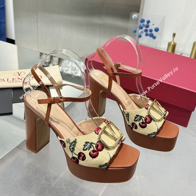 Valentino Vlogo Signature Cherryfic Platform Sandals 11cm Jacquard Synthetic Raffia Brown 2025 0902 (XL-250902084)