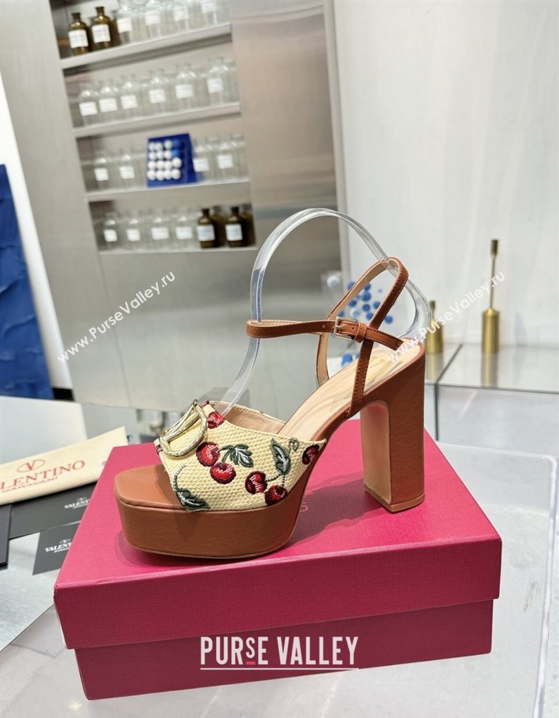 Valentino Vlogo Signature Cherryfic Platform Sandals 11cm Jacquard Synthetic Raffia Brown 2025 0902 (XL-250902084)