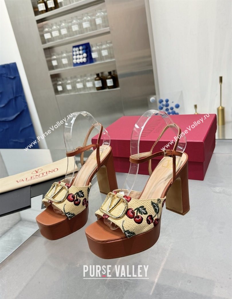 Valentino Vlogo Signature Cherryfic Platform Sandals 11cm Jacquard Synthetic Raffia Brown 2025 0902 (XL-250902084)