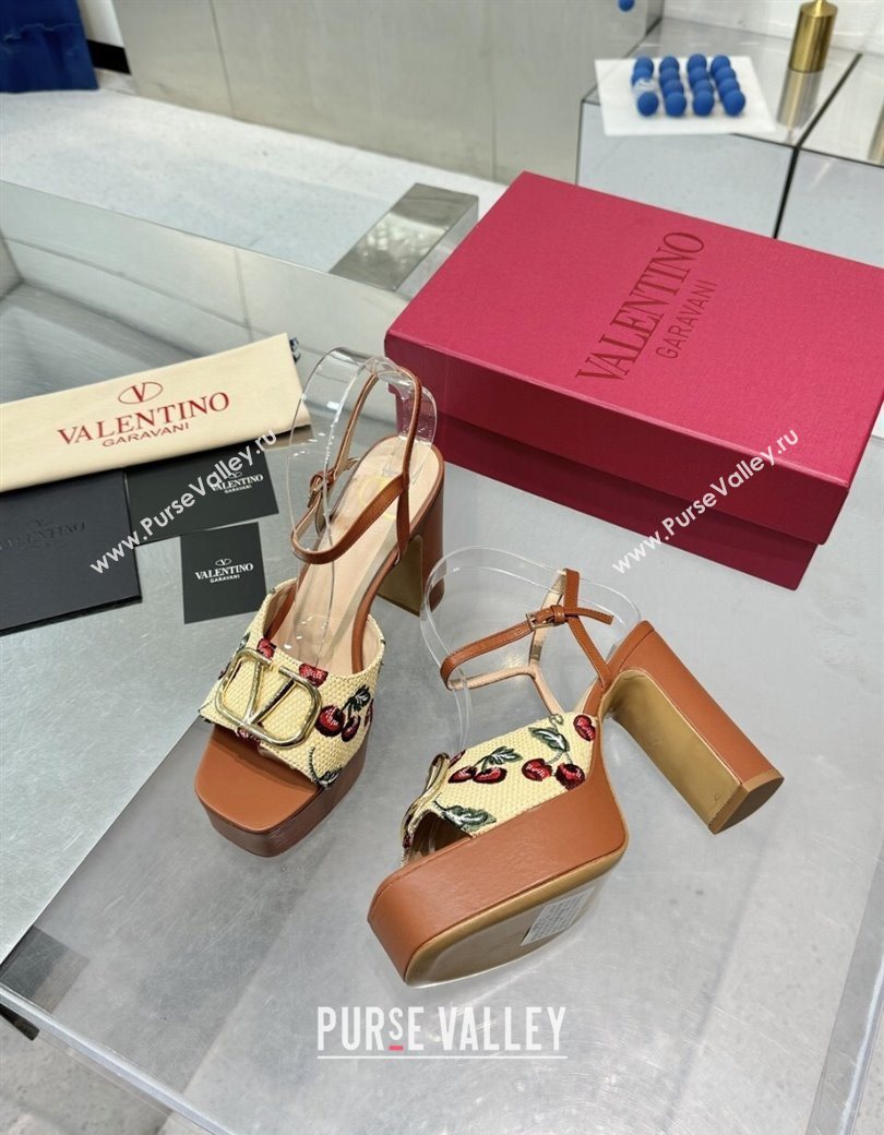 Valentino Vlogo Signature Cherryfic Platform Sandals 11cm Jacquard Synthetic Raffia Brown 2025 0902 (XL-250902084)