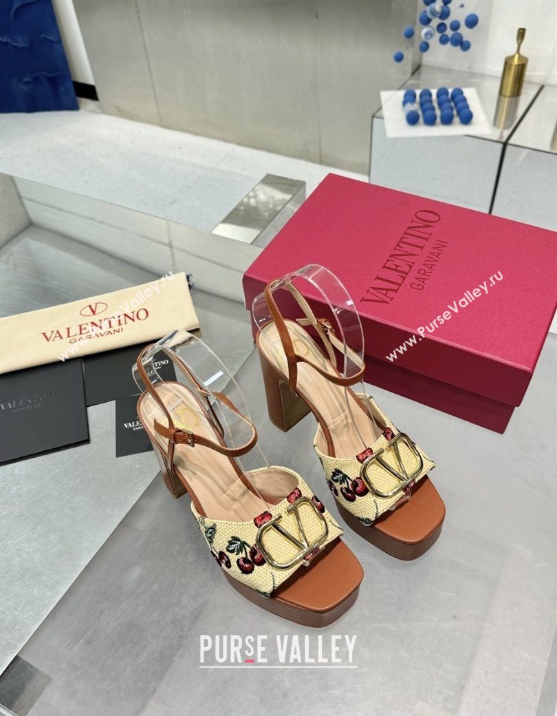 Valentino Vlogo Signature Cherryfic Platform Sandals 11cm Jacquard Synthetic Raffia Brown 2025 0902 (XL-250902084)