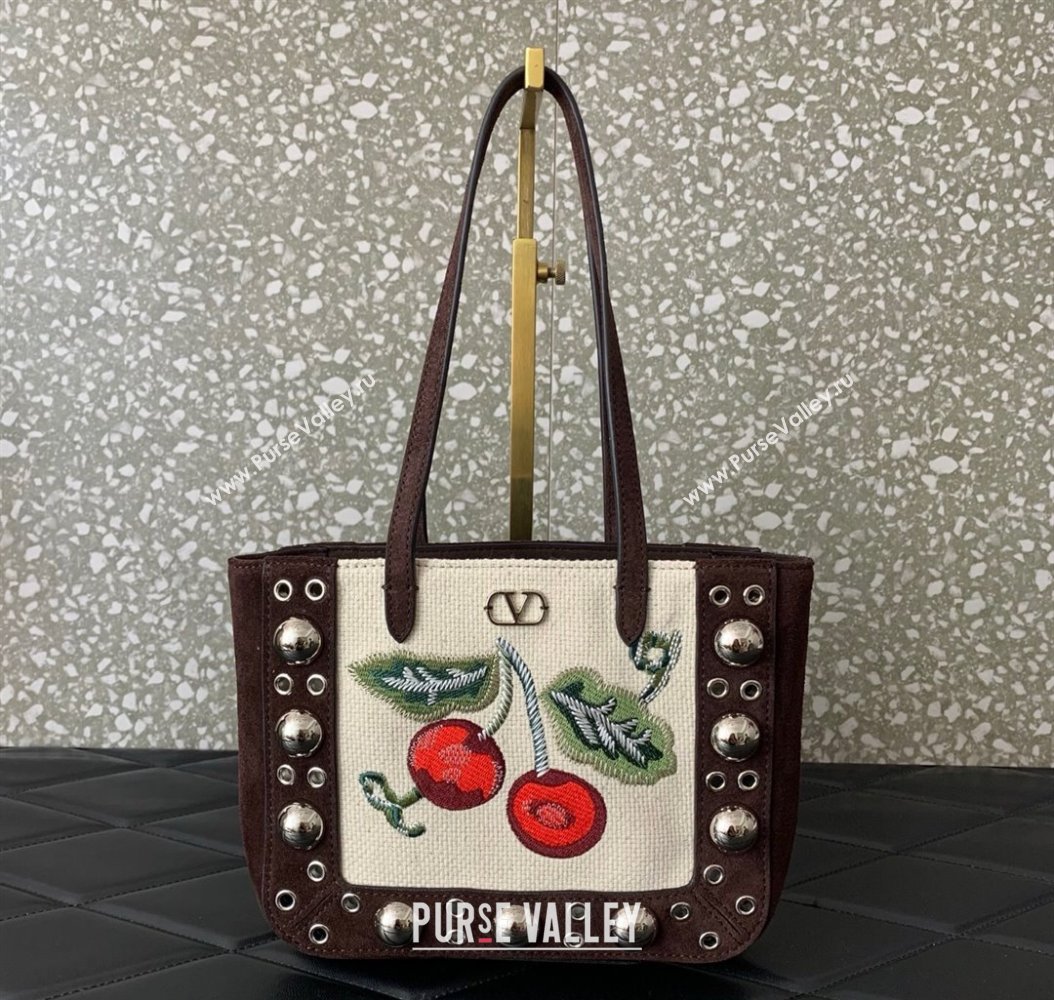 Valentino Garavani Nellcôte Mini Cherryfic Embroidered Shopping Bag Brown 2025 0078 (LKF-250926021)