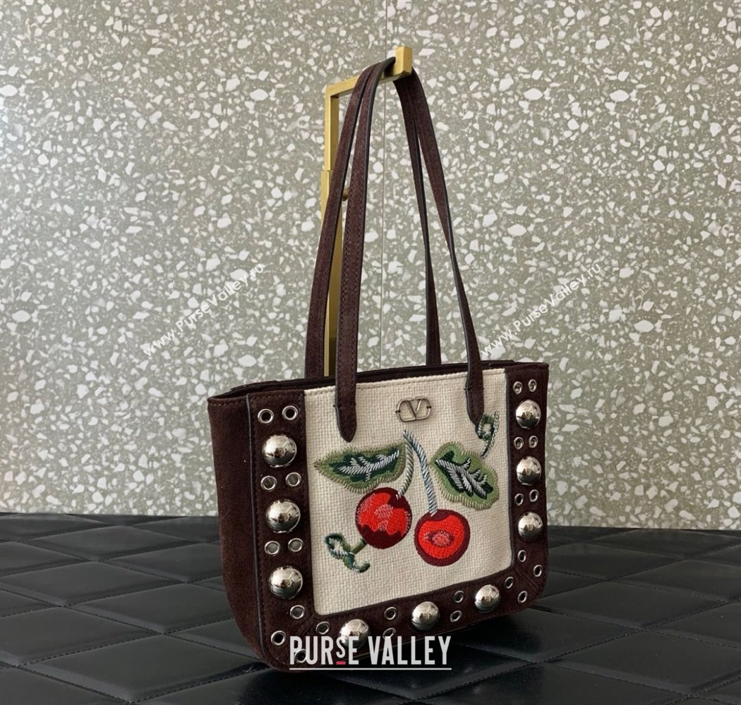 Valentino Garavani Nellcôte Mini Cherryfic Embroidered Shopping Bag Brown 2025 0078 (LKF-250926021)