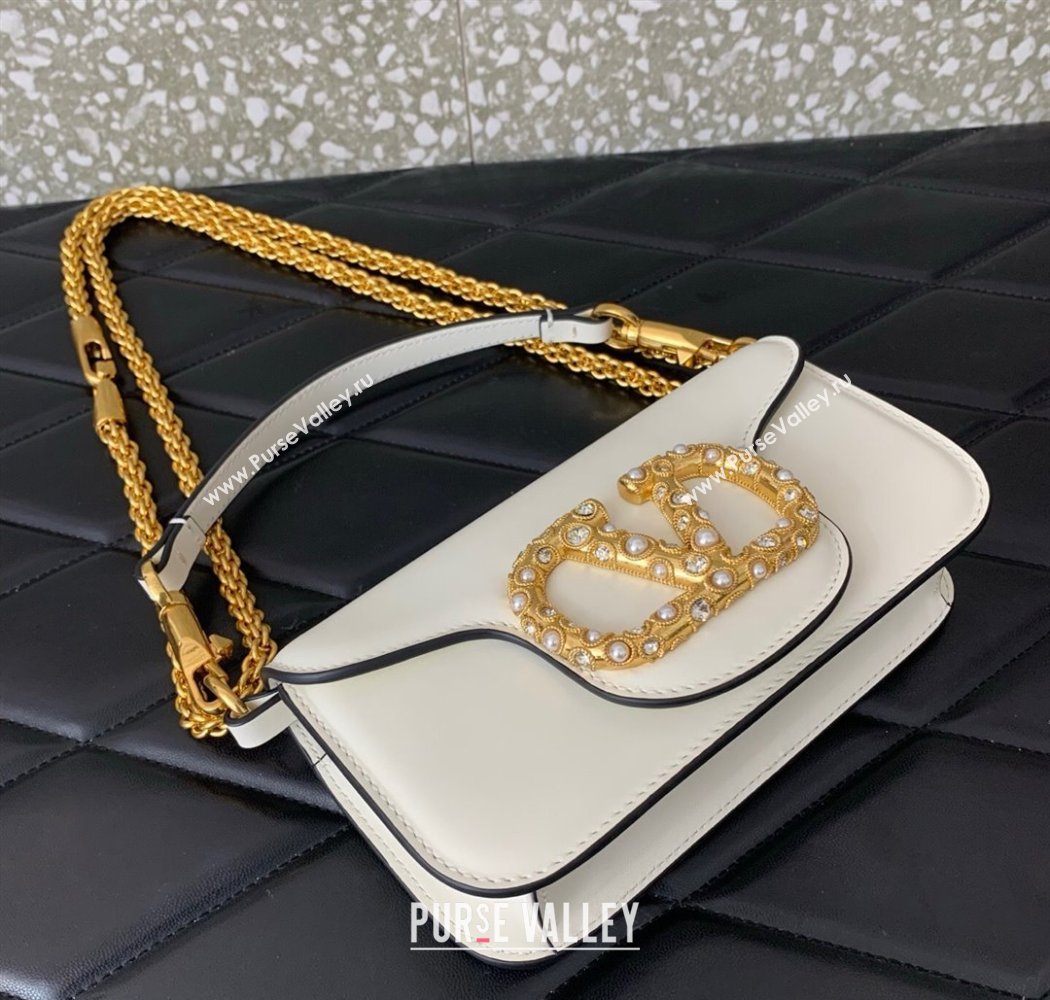 Valentino Garavani Loco Small Shoulder Bag In Calfskin Leather With Jewel Logo White 2025 5053 (LKF-250926025)