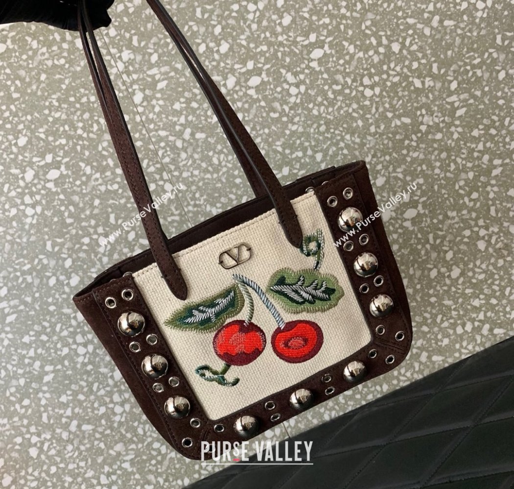 Valentino Garavani Nellcôte Mini Cherryfic Embroidered Shopping Bag Brown 2025 0078 (LKF-250926021)