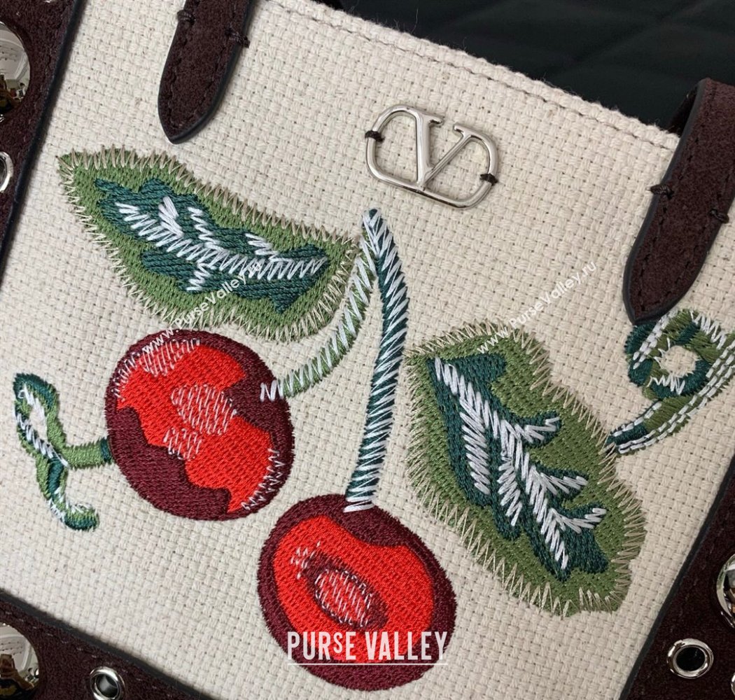 Valentino Garavani Nellcôte Mini Cherryfic Embroidered Shopping Bag Brown 2025 0078 (LKF-250926021)