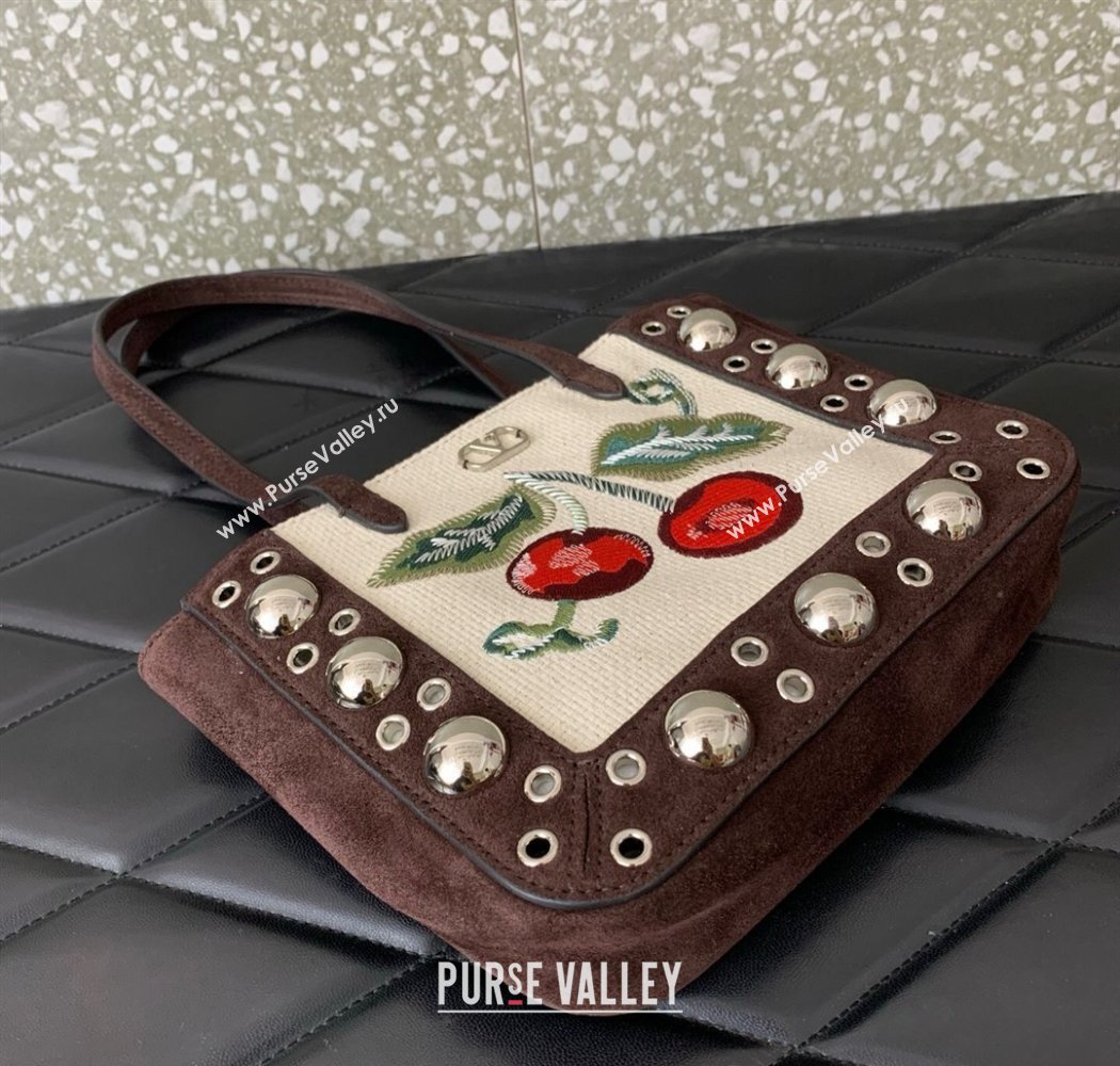 Valentino Garavani Nellcôte Mini Cherryfic Embroidered Shopping Bag Brown 2025 0078 (LKF-250926021)