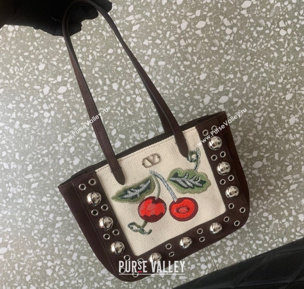 Valentino Garavani Nellcôte Mini Cherryfic Embroidered Shopping Bag Brown 2025 0078 (LKF-250926021)