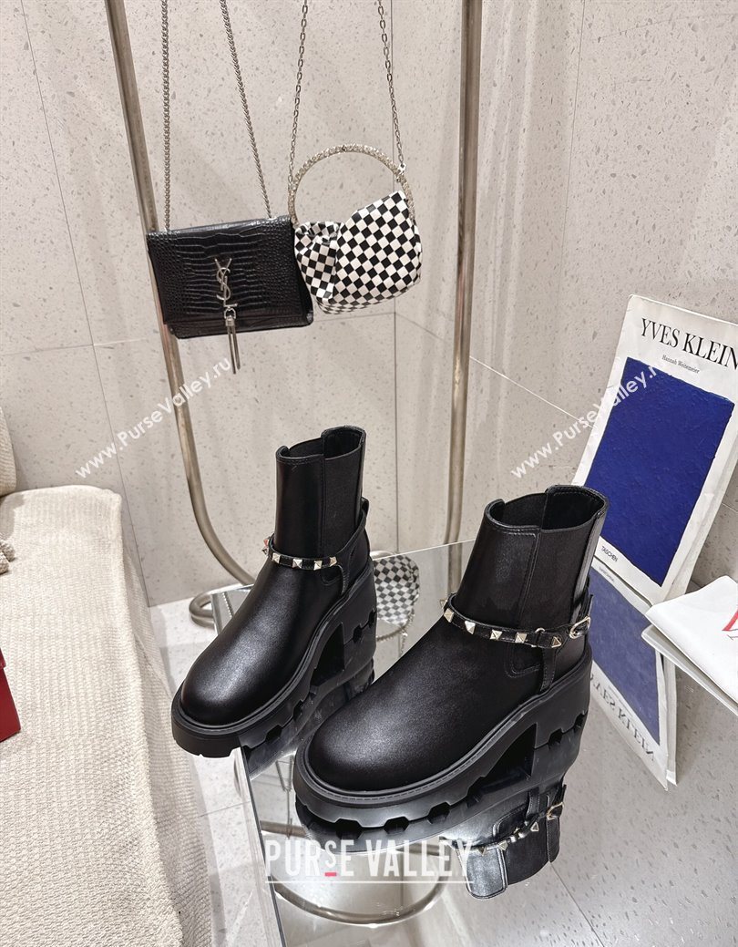 Valentino Rockstud Strap Heel Ankle Boots 5.5cm in Calfskin Leather Black 2025 1028 (MD-251028012)