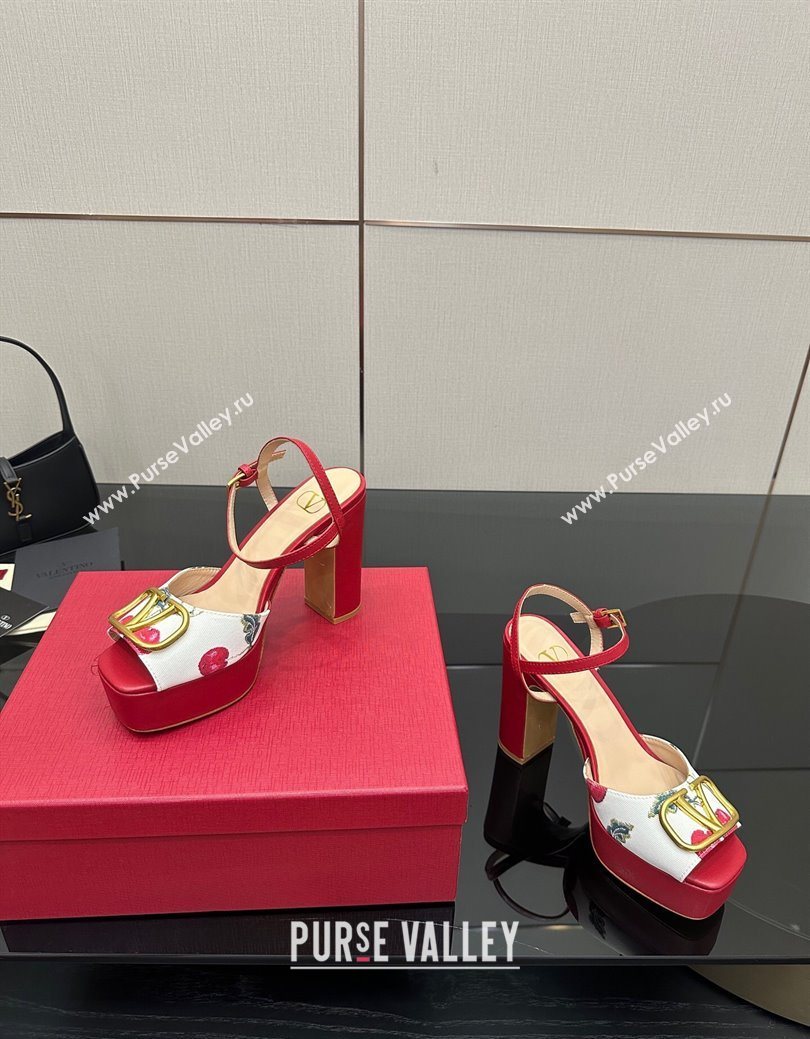 Valentino VLogo Signature Cherryfic Platform Sandals in Canvas and Leather White/Red 2025 1028 (MD-251028001)