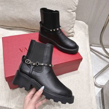 Valentino Rockstud Strap Heel Ankle Boots 5.5cm in Calfskin Leather Black 2025 1028 (MD-251028012)