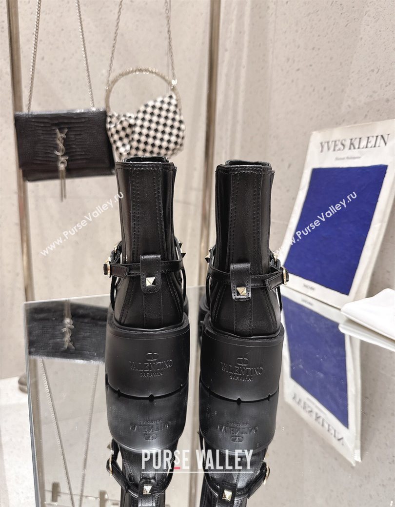 Valentino Rockstud Strap Heel Ankle Boots 5.5cm in Calfskin Leather Black 2025 1028 (MD-251028012)