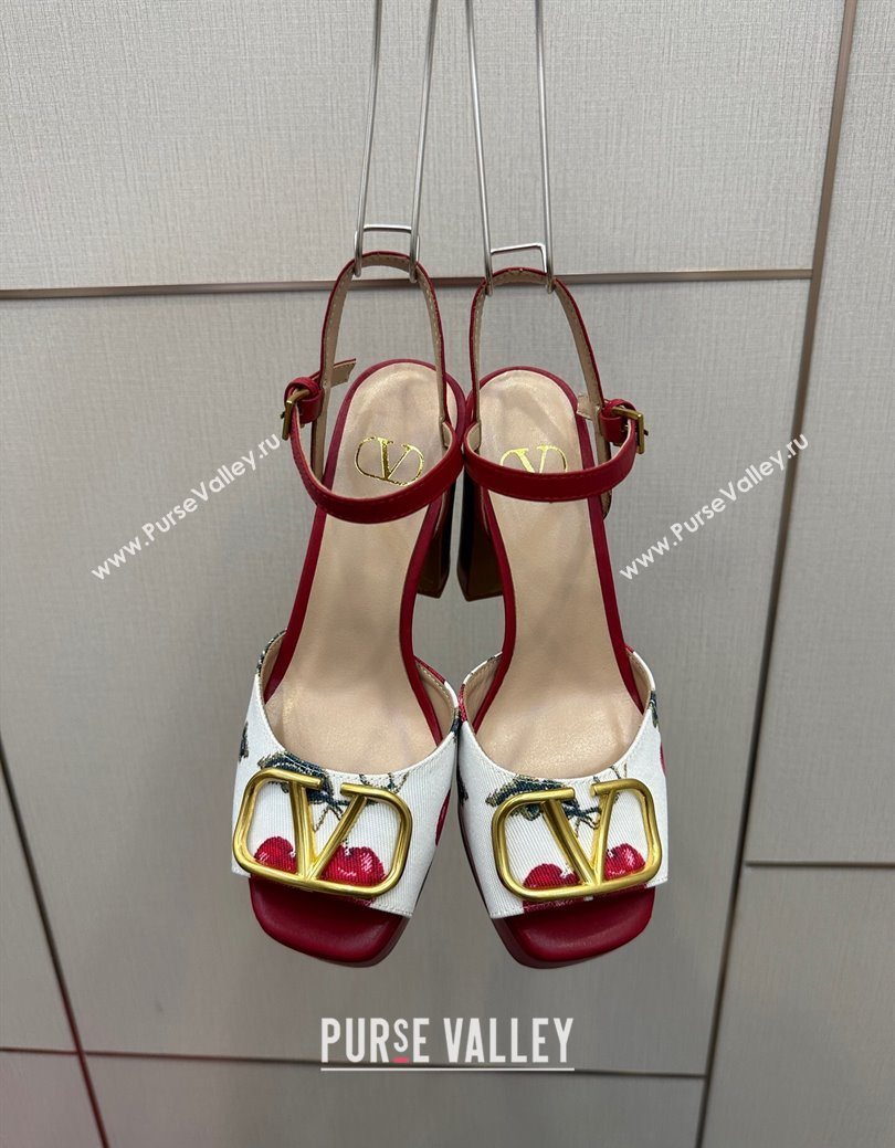 Valentino VLogo Signature Cherryfic Platform Sandals in Canvas and Leather White/Red 2025 1028 (MD-251028001)